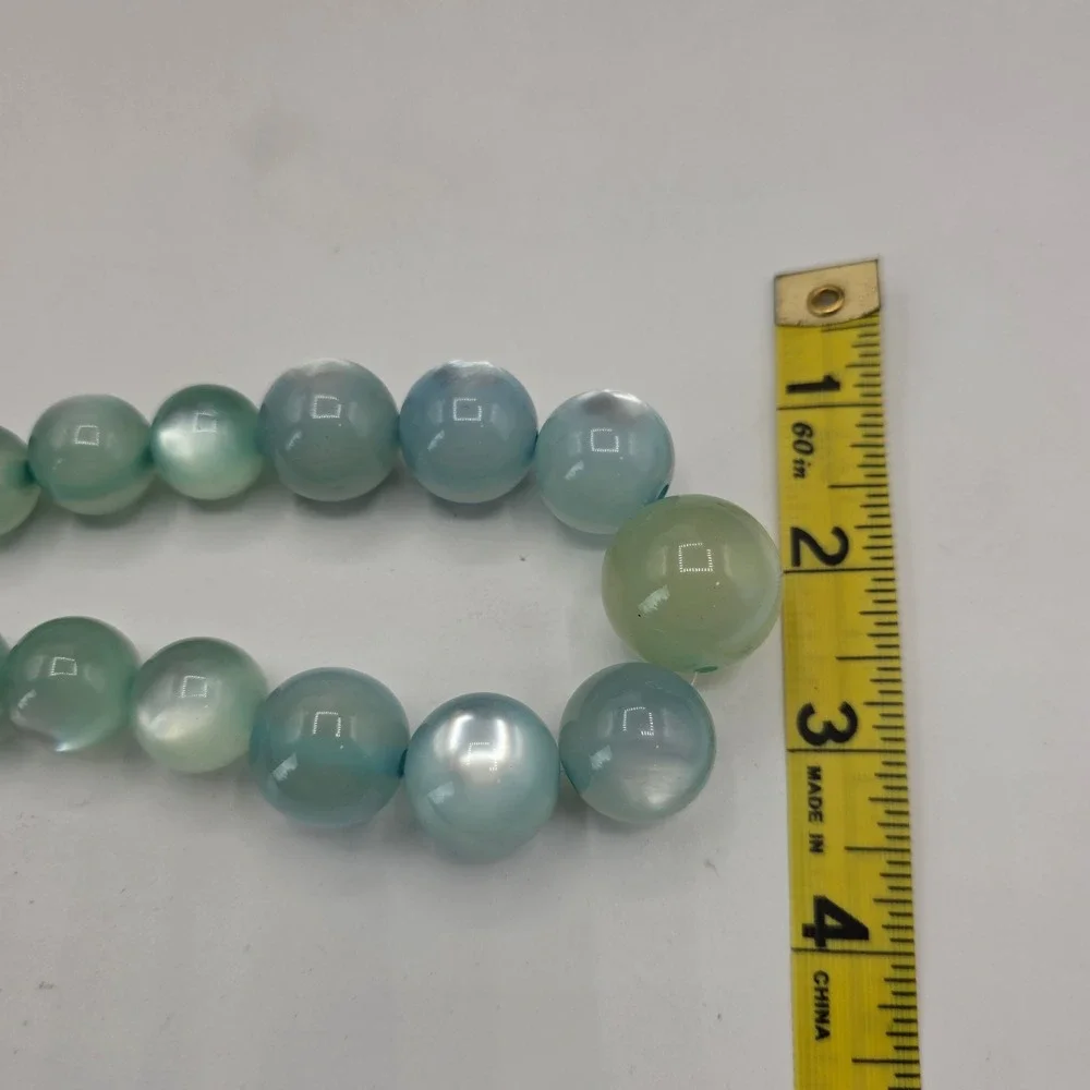 Seafoam Green Blue Cat Eye Graduated Bead Necklace Silver Tone Adjustable Clasp